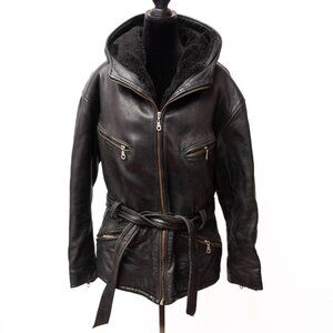 VTG 90s Brooklyn Leather Apparel Black Leather Jacket Sherpa Belted Grunge M Mob